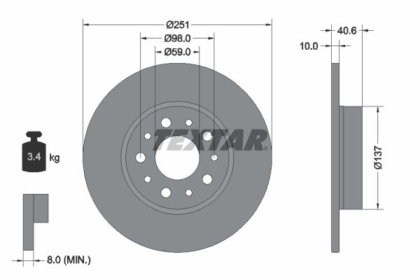 Textar 1 x Solid 251mm Brake Disc 92244303