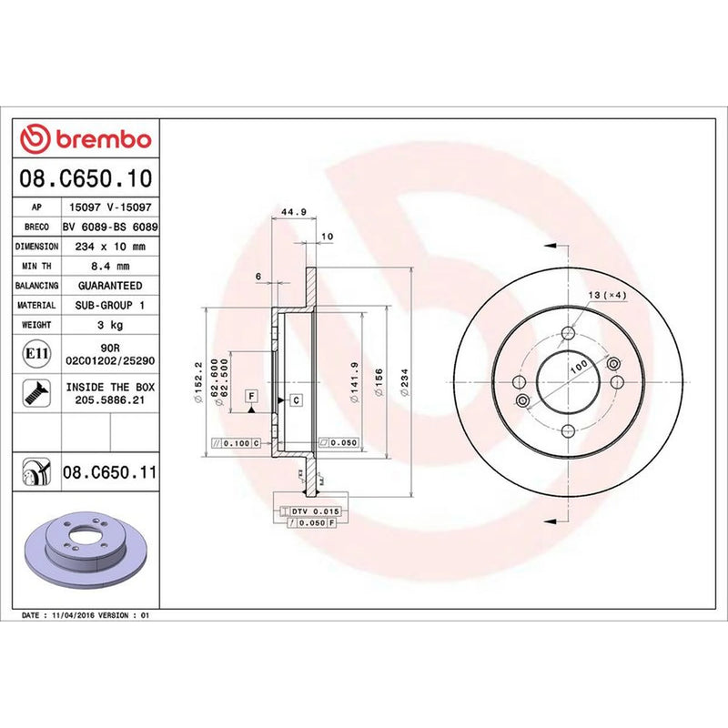 Brembo 2 x Solid Rear Brake Discs 08.C650.11-x2