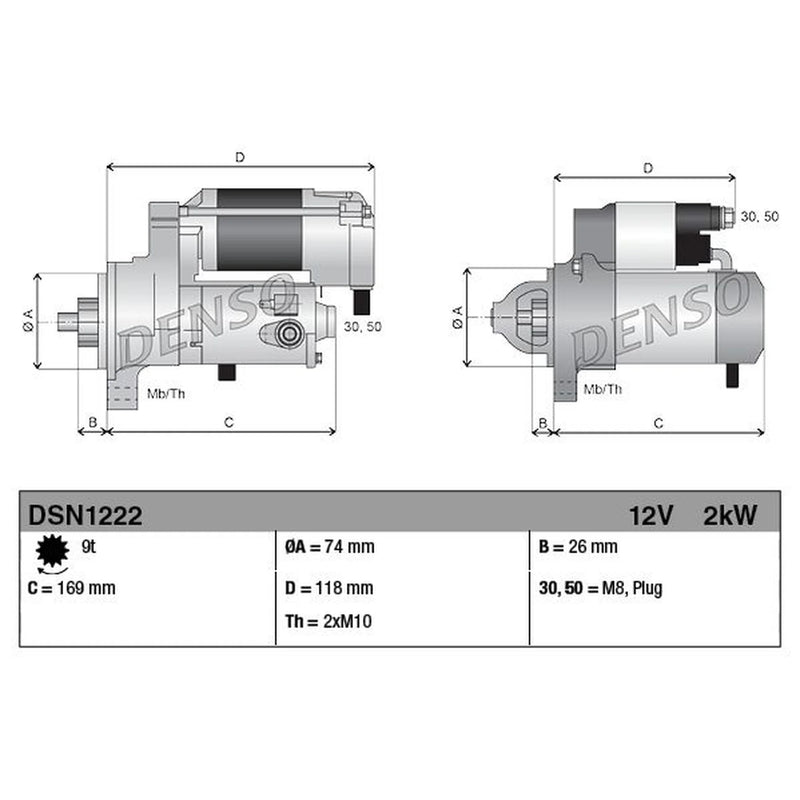 Denso Starter Motor 12V 2kW 9 Teeth DSN1222