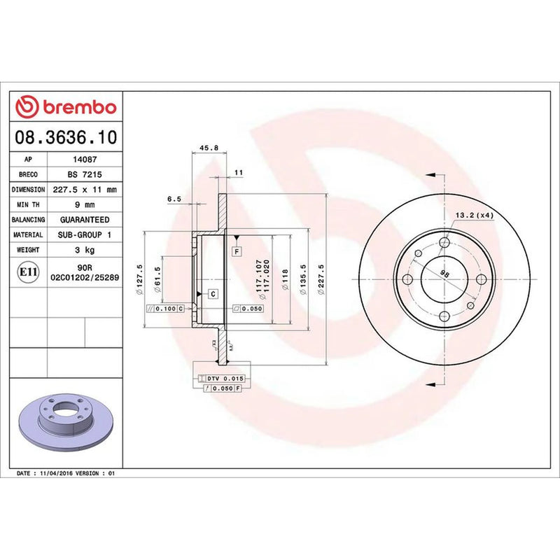 Brembo 2 x Solid Front Brake Discs 08.3636.10-x2