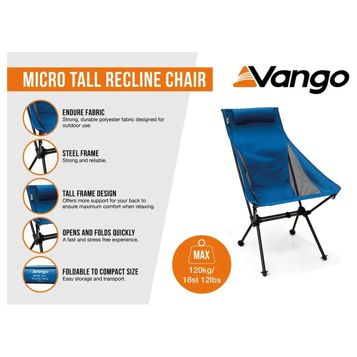 Vango Micro Tall Recline Folding Chair Tall Mykonos Blue - Vango - Van Life Living