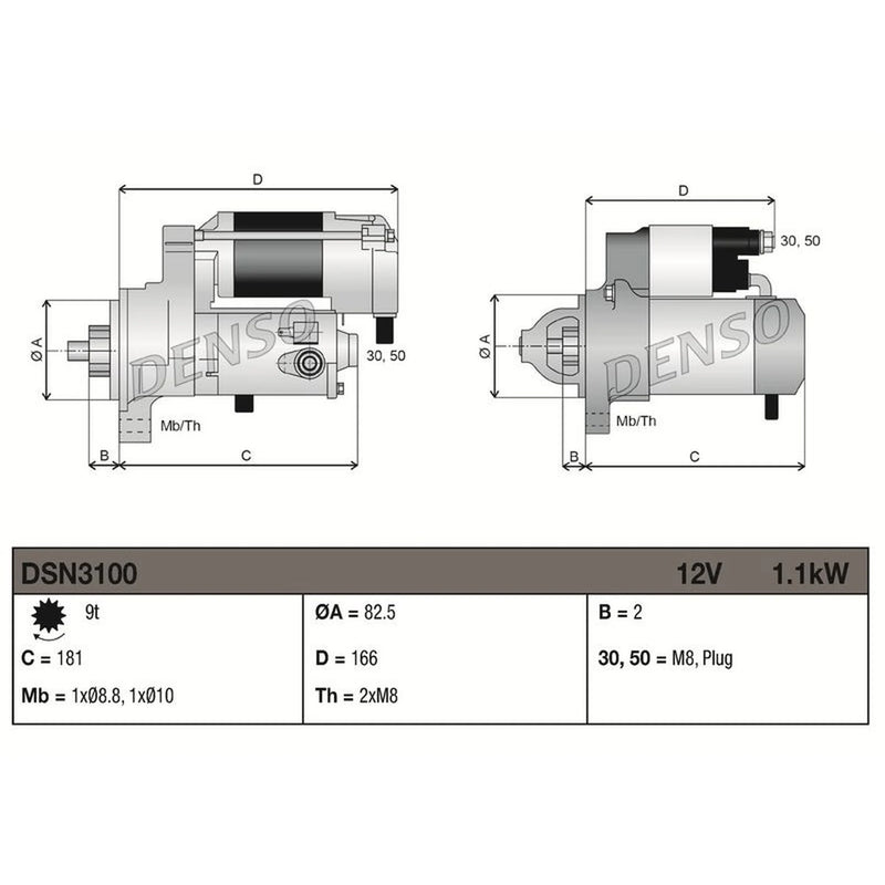 Denso Starter Motor 12V 1.1kW 9 Teeth fits Seat Arosa 1997-2004 1.0 1.4