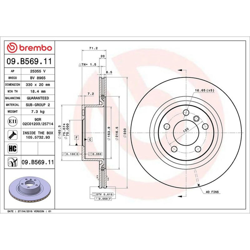 Brembo 2 x Vented Rear Brake Discs 09.B569.11-x2
