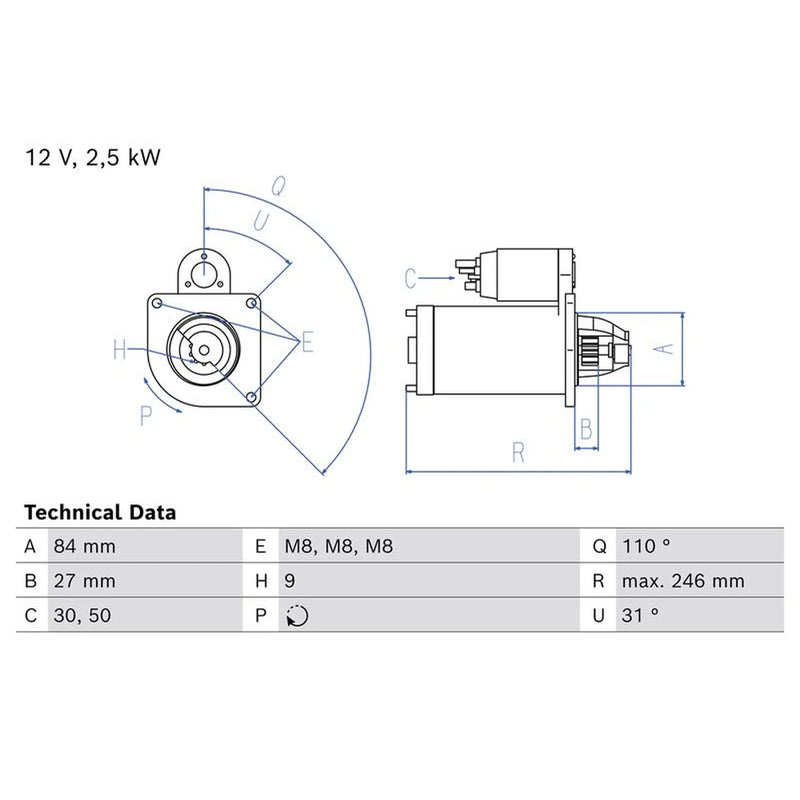Bosch Starter Motor 12V 2.5kW Teeth 0 986 026 920