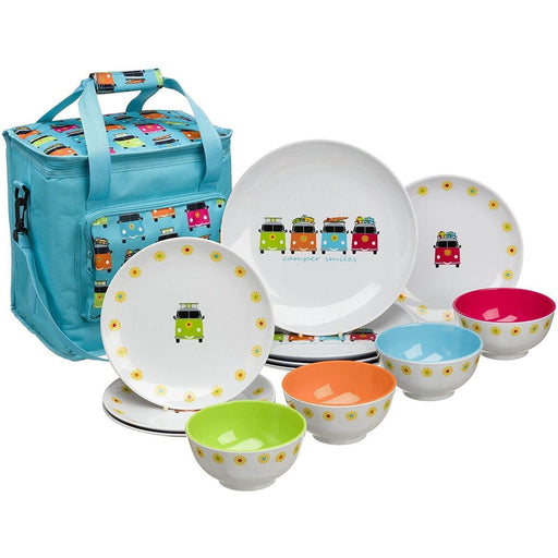 Camper Van VW 12 Piece Melamine Dining Picnic Set with 16L Cool Bag - Flamefield - Van Life Living