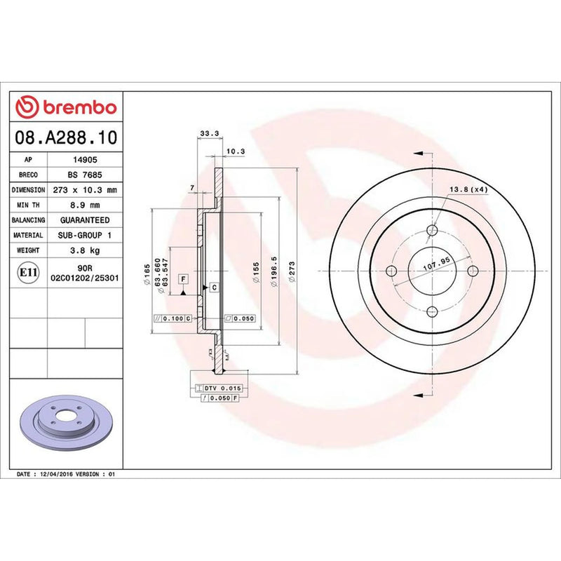 Brembo 2 x Solid Rear Brake Discs 08.A288.10-x2