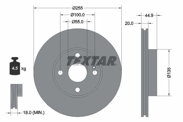 Textar 1 x Vented 255mm Brake Disc 92096800