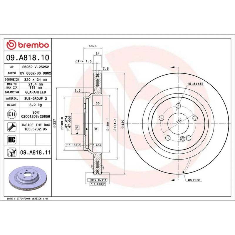 Brembo 2 x Vented Rear Brake Discs 09.A818.11-x2