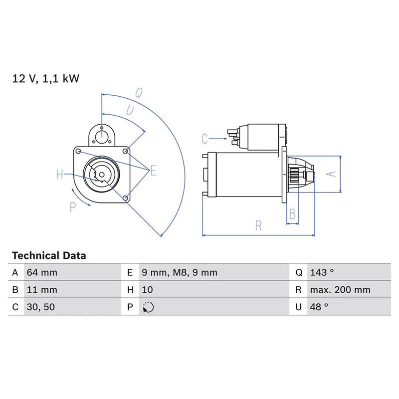 Bosch Starter Motor 12V 1.1kW 10 Teeth 0 986 024 020