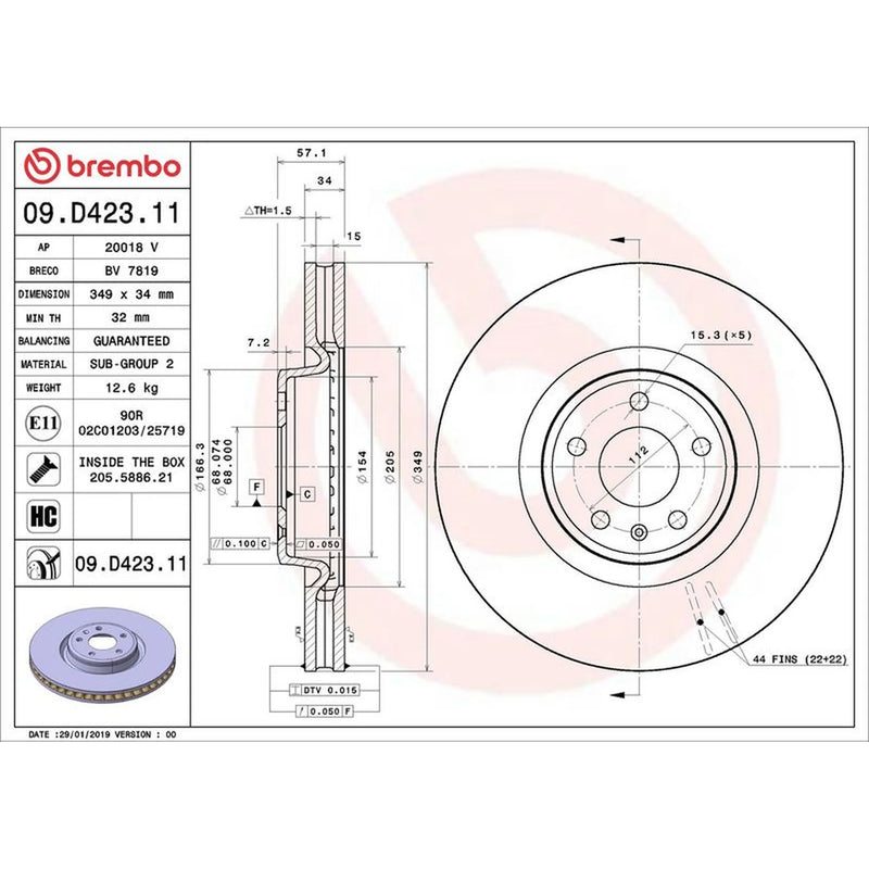 Brembo 2 x Vented Front Brake Discs 09.D423.11-x2