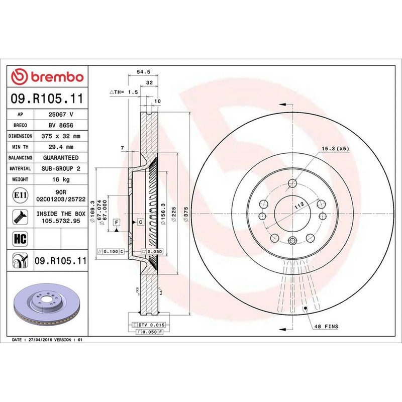 Brembo 2 x Vented Front Brake Discs 09.R105.11-x2