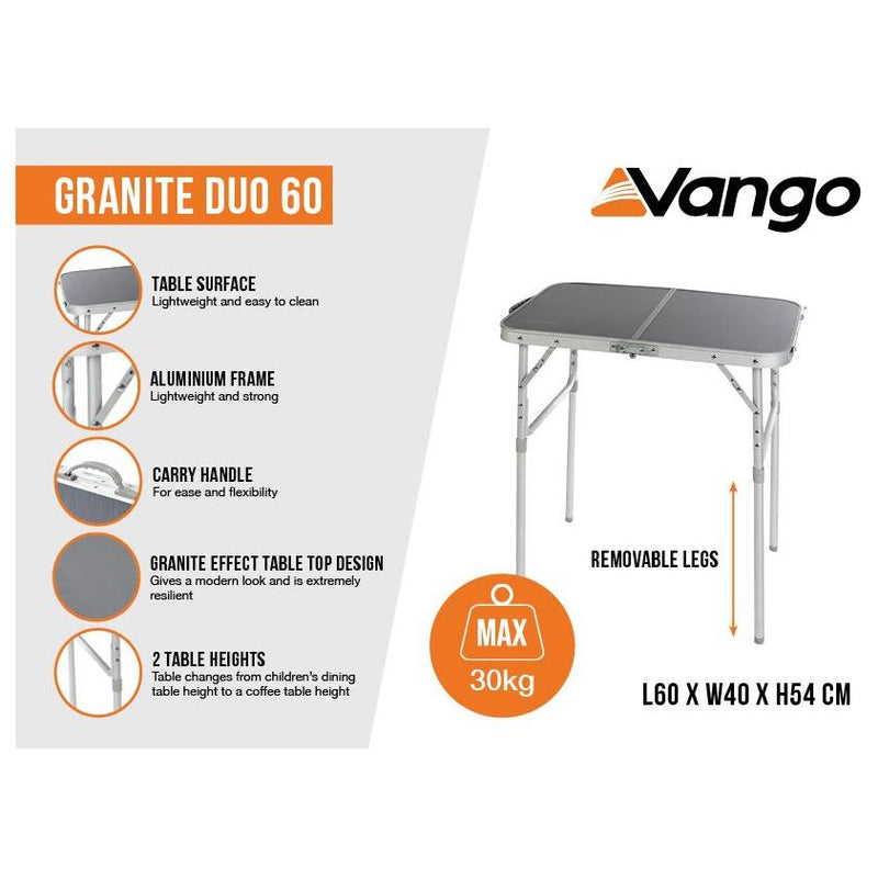 Vango Granite Duo 60 Aluminium Frame Table, Foldable Table with Adjustable Legs - Vango - Van Life Living