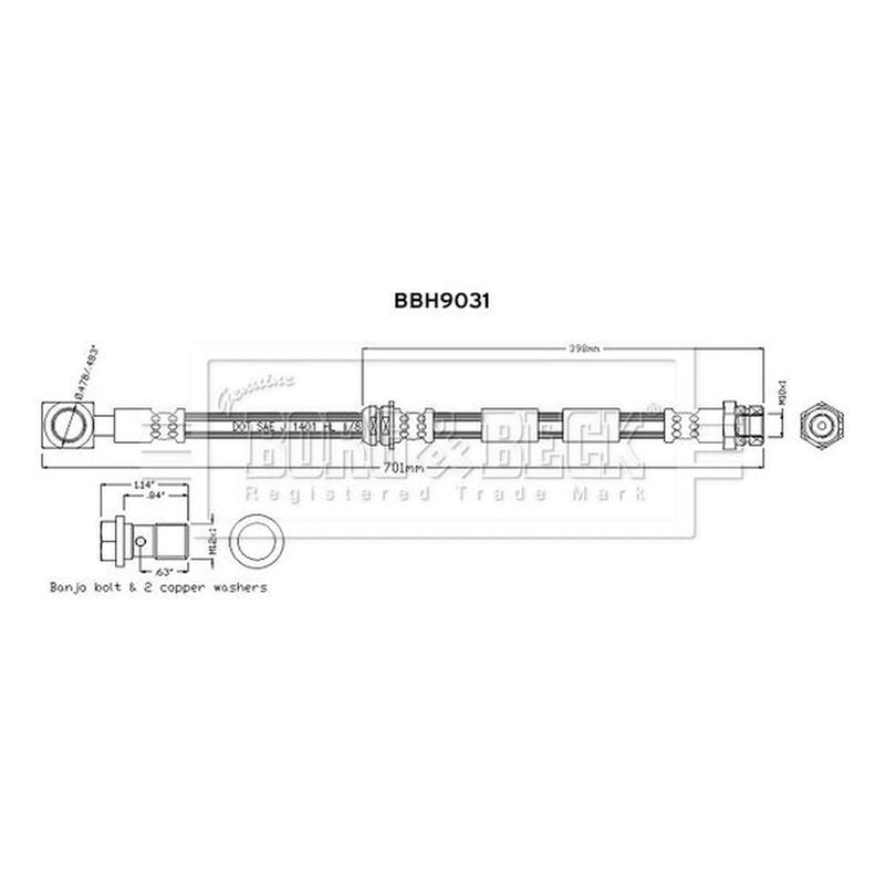 Borg & Beck Brake Hydraulic Hose Line Front Right BBH9031