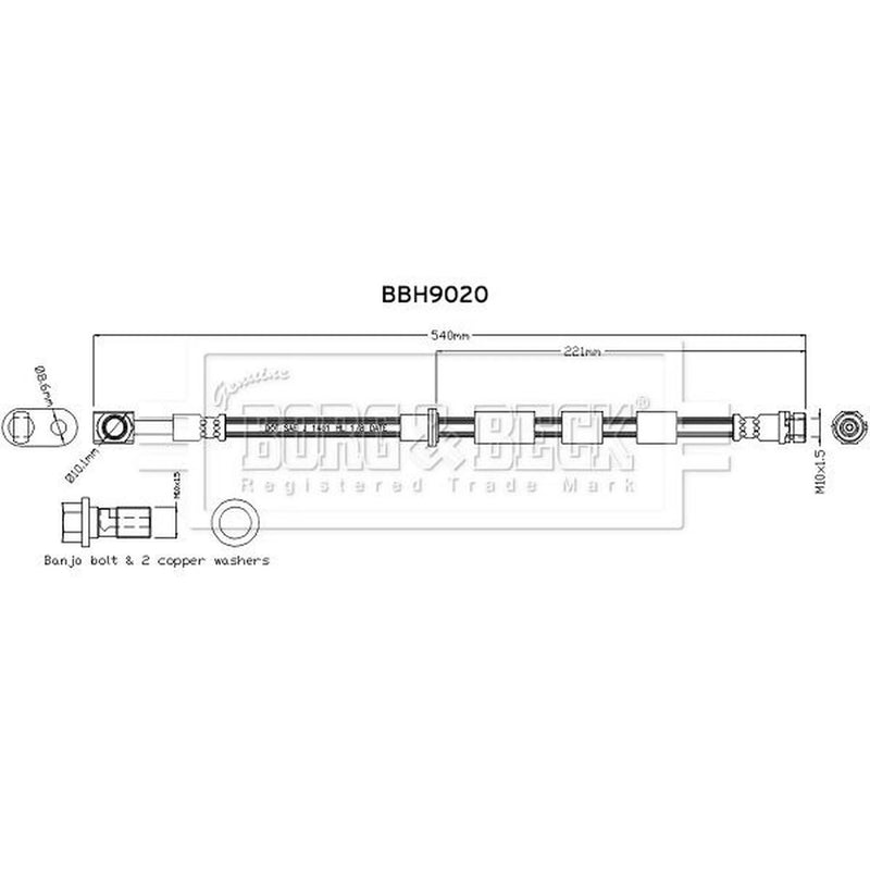 Borg & Beck Brake Hydraulic Hose Line Front Right BBH9020