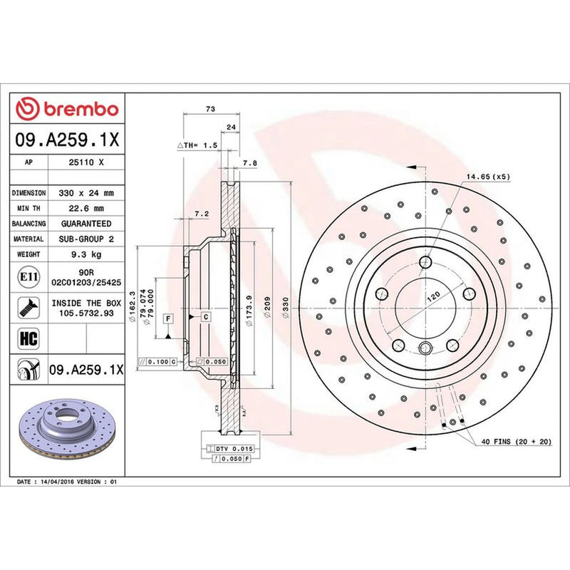Brembo Xtra 2 x Perforated/Vented Front Brake Discs 09.A259.1X-x2