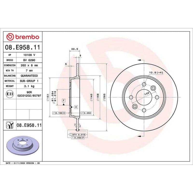 Brembo 2 x Solid Rear Brake Discs 08.E958.11-x2