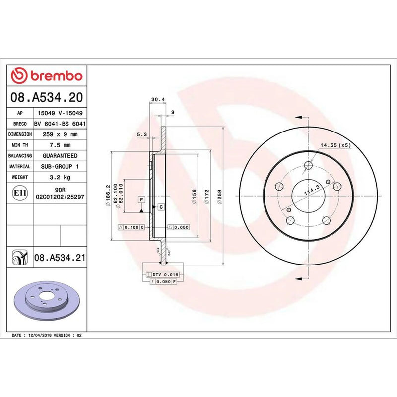 Brembo 2 x Solid Rear Brake Discs 08.A534.21-x2