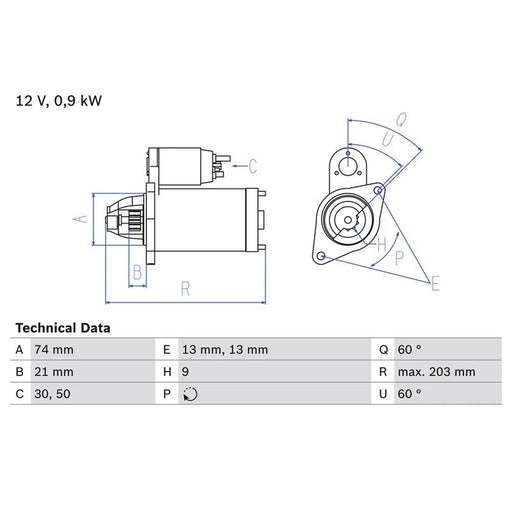 Bosch Starter Motor 12V 0.9kW 9 Teeth 0 986 018 840