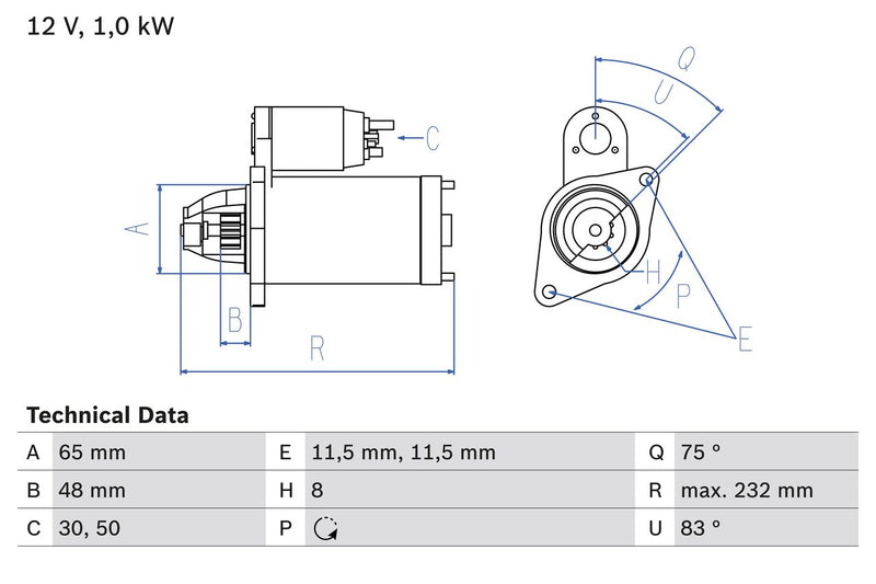 Bosch Starter Motor V kW Teeth 0986023470