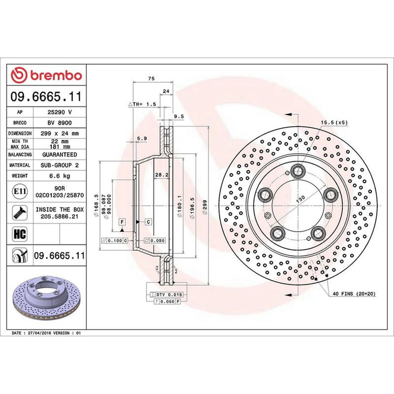 Brembo 2 x Perforated/Vented Rear Brake Discs 09.6665.11-x2
