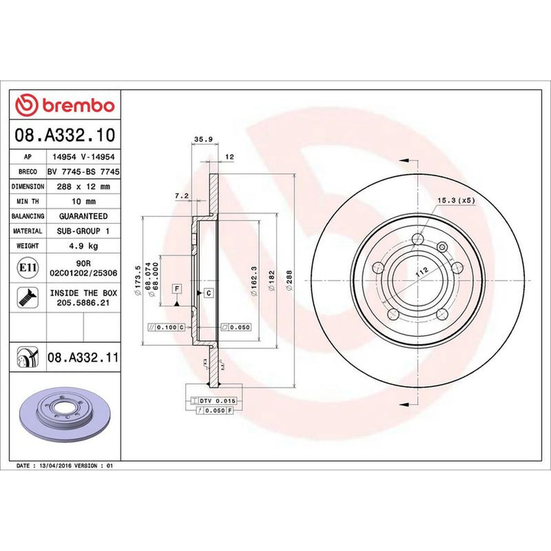 Brembo 2 x Solid Rear Brake Discs 08.A332.11-x2