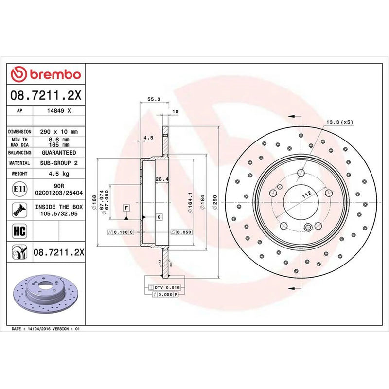 Brembo 2 x Perforated Rear Brake Discs 08.7211.2X-x2