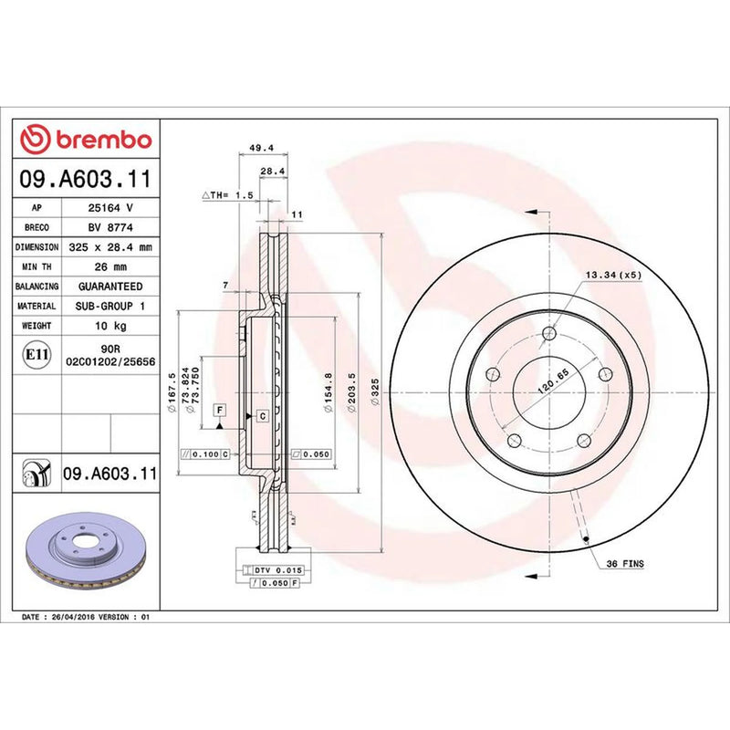 Brembo 2 x Vented Front Brake Discs 09.A603.11-x2