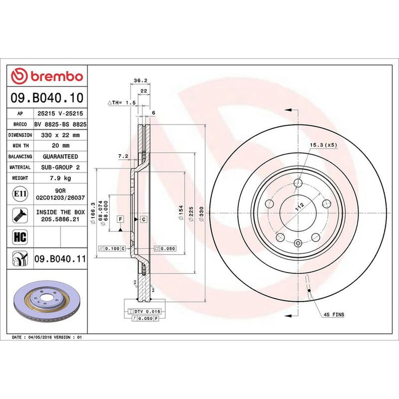 Brembo 2 x Vented Rear Brake Discs 09.B040.11-x2