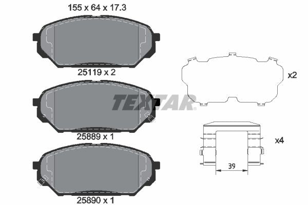Textar Brake Pad Set Front 155mm x 64mm x 17.3mm 2511901