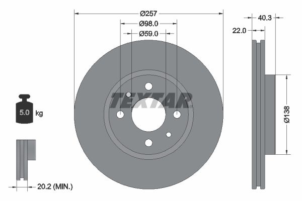 Textar 1 x Vented 257mm Brake Disc 92069603