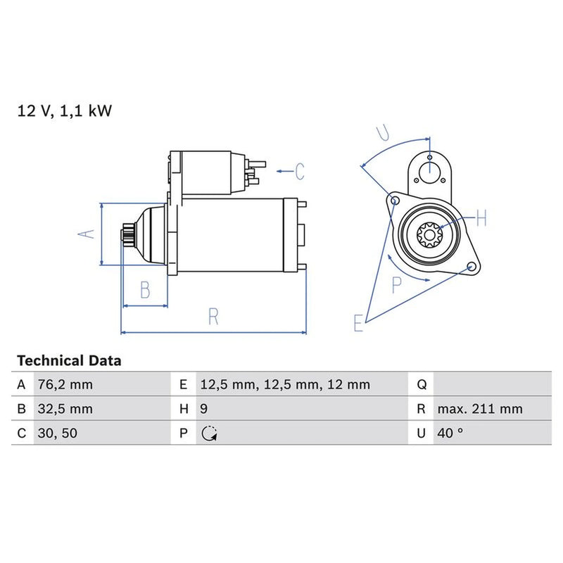 Bosch Starter Motor 12V 1.1kW 9 Teeth 0 986 017 830