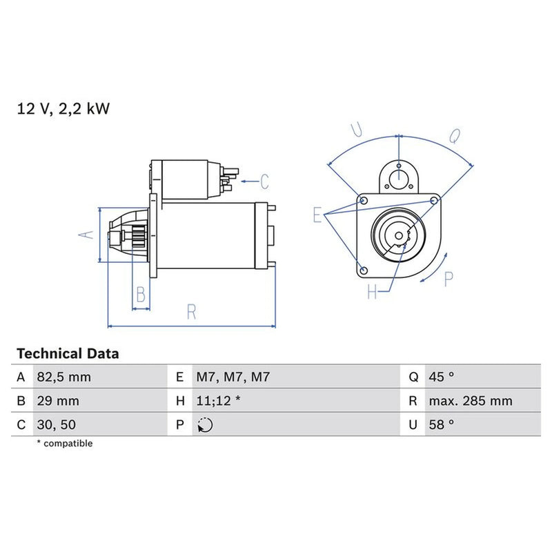 Bosch Starter Motor 12V 2.2kW 11 Teeth 0 986 010 600