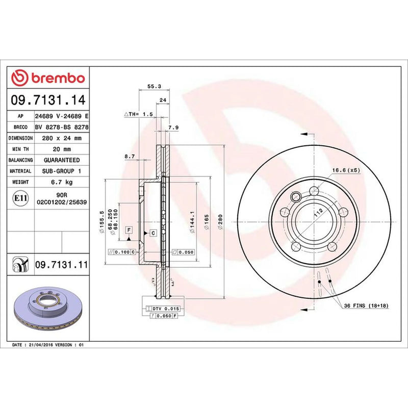 Brembo 2 x Front Brake Discs 09.7131.11-x2
