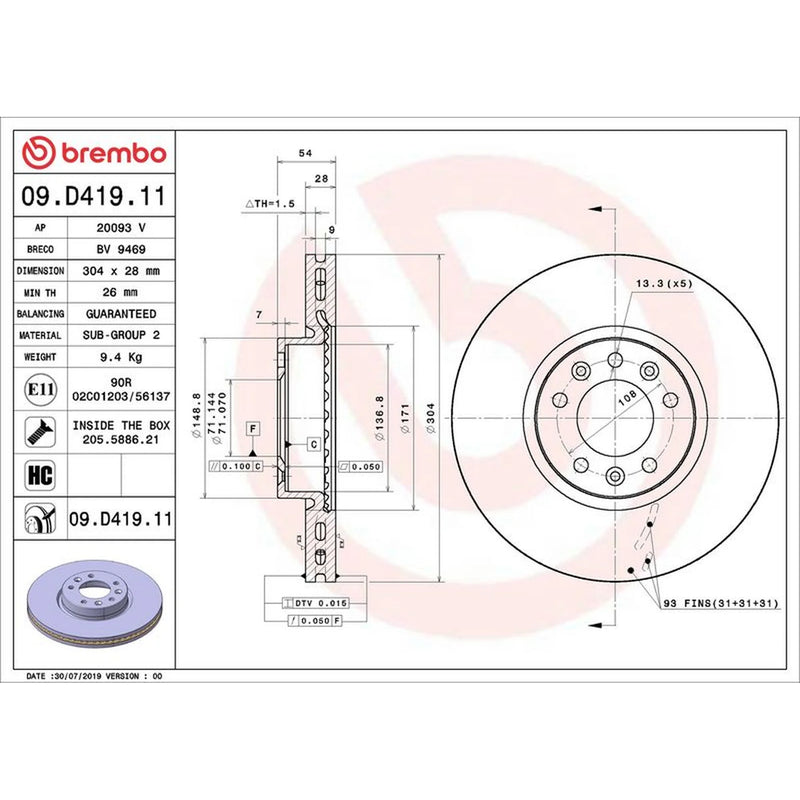 Brembo 2 x Vented Front Brake Discs 09.D419.11-x2