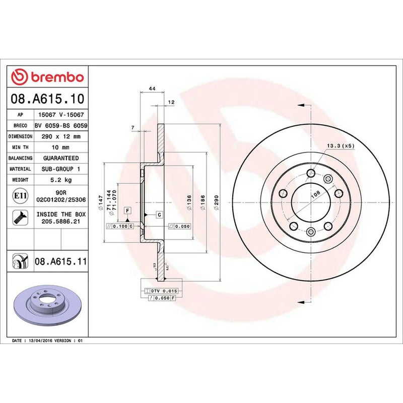 Brembo 2 x Solid Rear Brake Discs 08.A615.11-x2