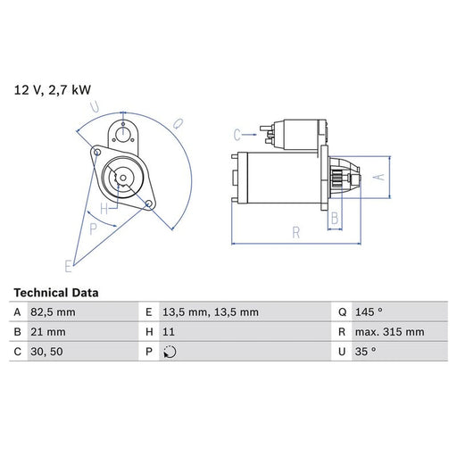Bosch Starter Motor 12V 2.7kW 11 Teeth 0 986 017 970