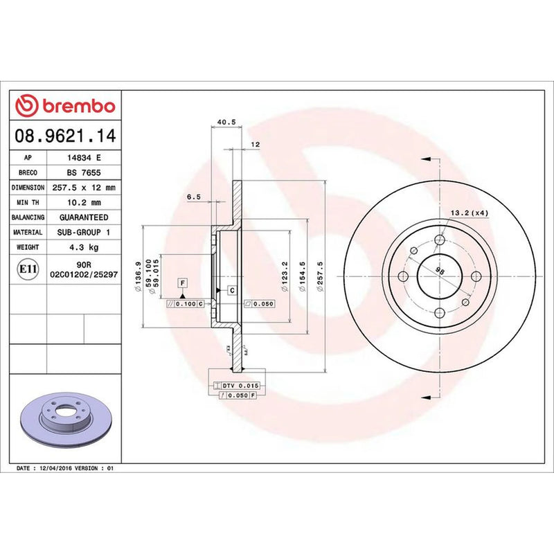 Brembo 2 x Solid Front Brake Discs 08.9621.14-x2
