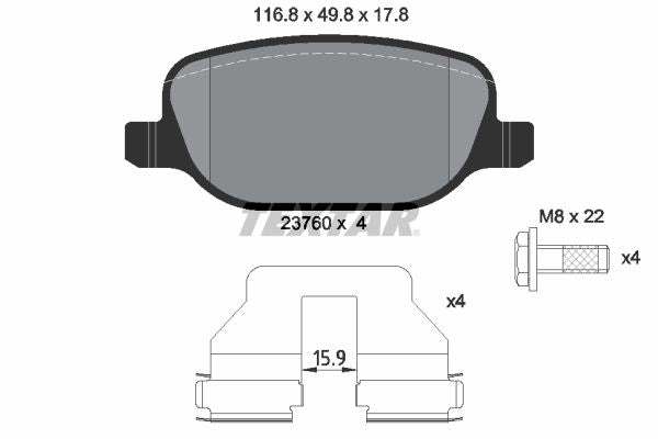 Textar Brake Pad Set Rear 116.8mm x 49.8mm x 17.8mm 2376001