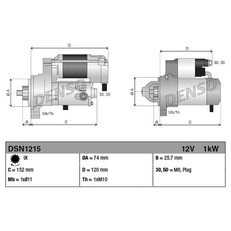 Denso Starter Motor 12V 1kW 9 Teeth fits Toyota Iq 2009-2015 1.0