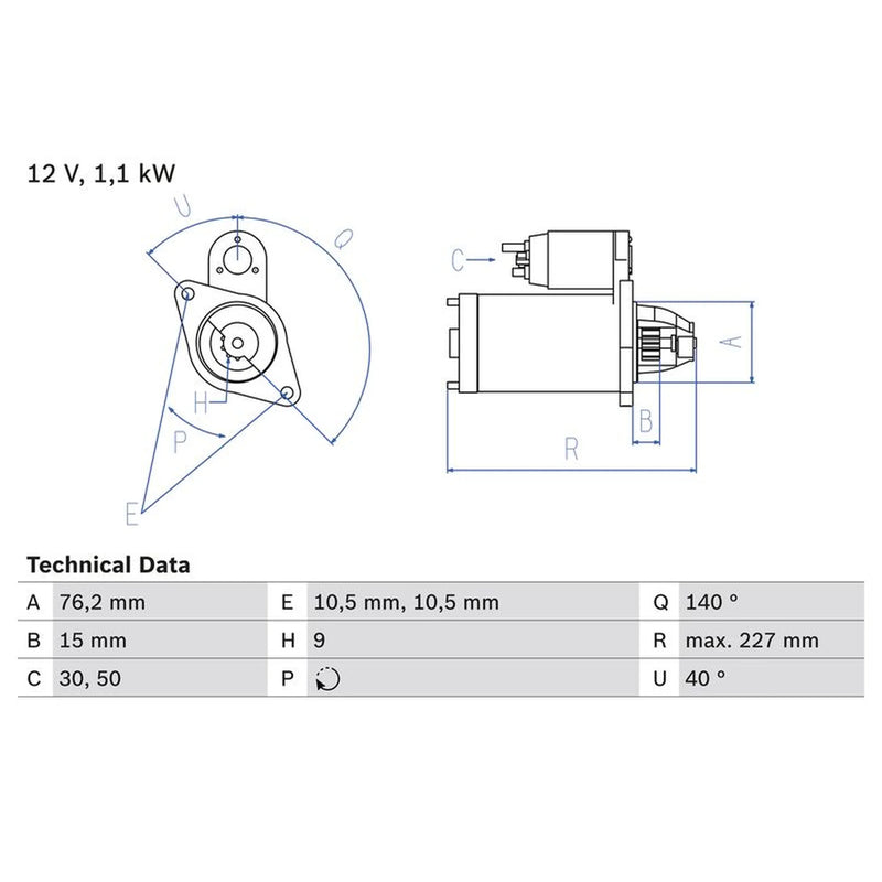 Bosch Starter Motor 12V 1.1kW 9 Teeth 0 986 019 040