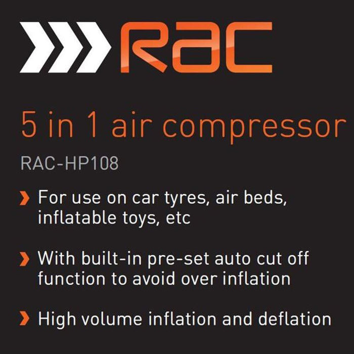 Heavy Duty RAC 12V 5 In 1 Air Compressor Torch Tyre Inflator Deflator Pump - ukcampingandleisure - Van Life Living