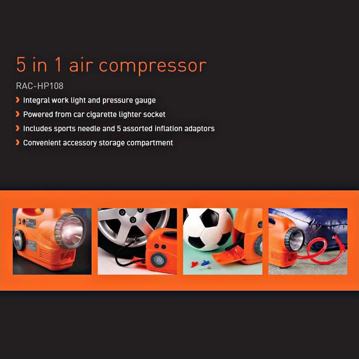 Heavy Duty RAC 12V 5 In 1 Air Compressor Torch Tyre Inflator Deflator Pump - ukcampingandleisure - Van Life Living